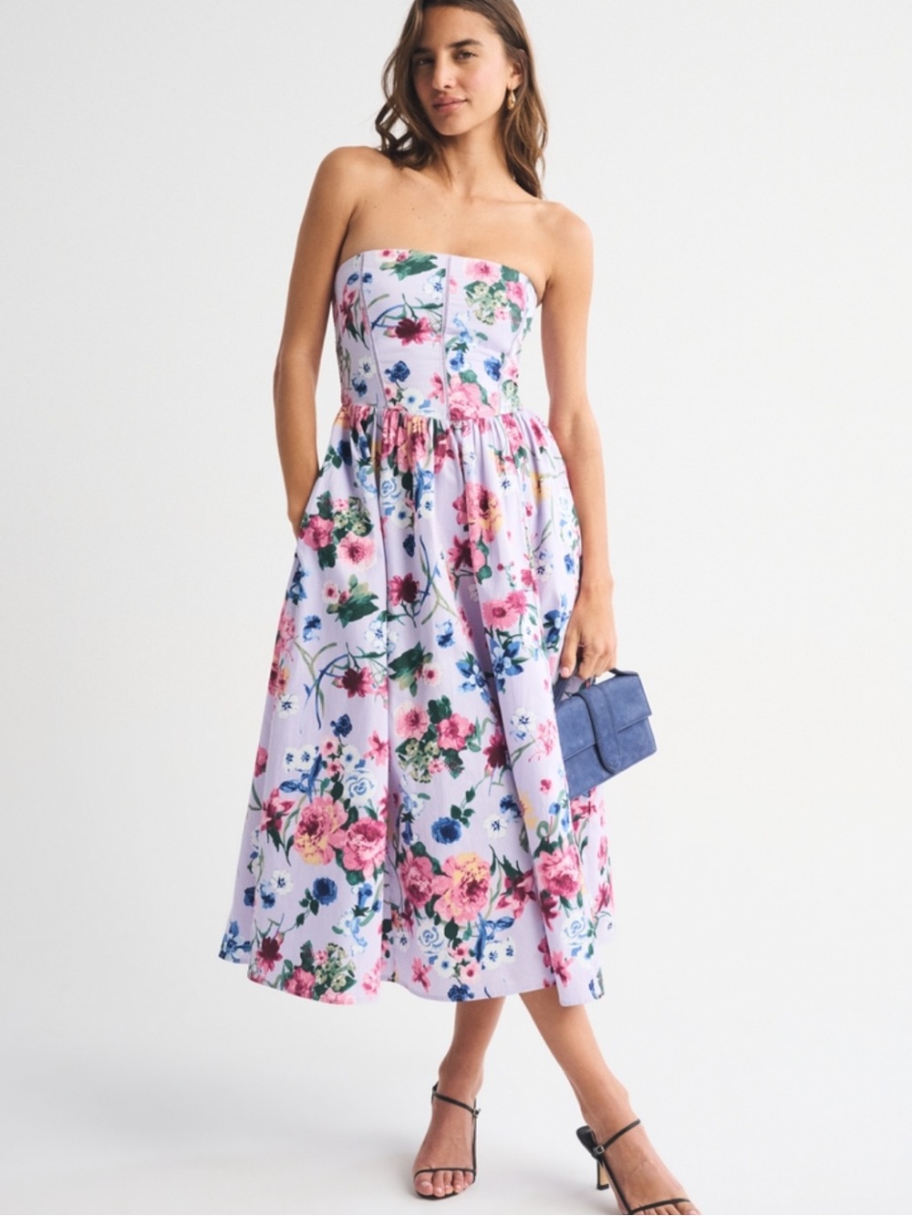 Abercrombie & Fitch Strapless Floral Midi Dress in Lavender with Pink Blooms